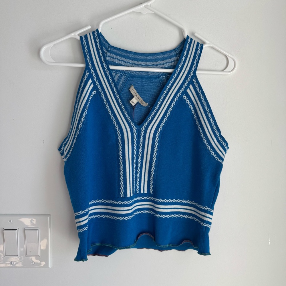41 Hawthorn Blue Cropped Knit Tank with White Trim